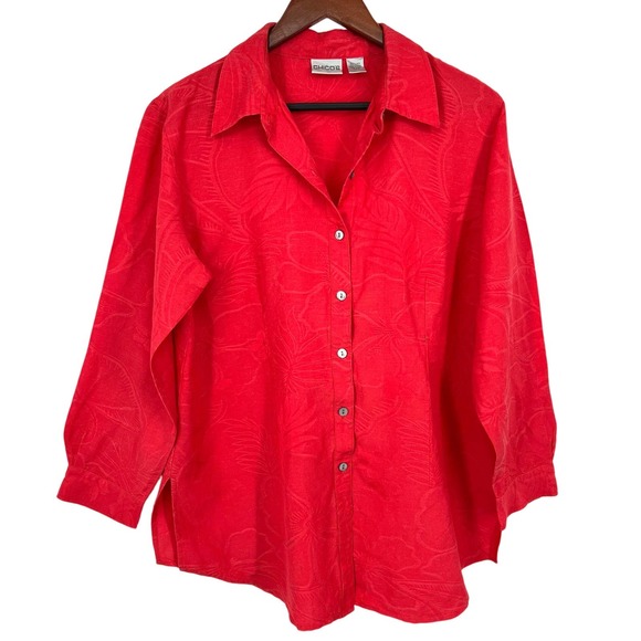 Chicos 2 LARGE Linen Blend Coral Red Long Sleeve Button Blouse Shirt Top Summer - Picture 1 of 8
